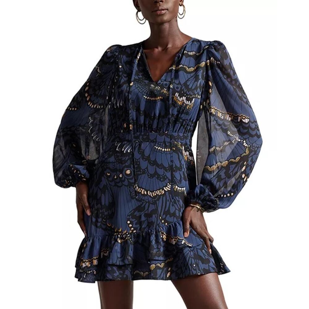 TED BAKER Pollei Ruffled Asymmetric Mini Long-sleeve Dress Size 0 Balloon Sleeve - Picture 4 of 11